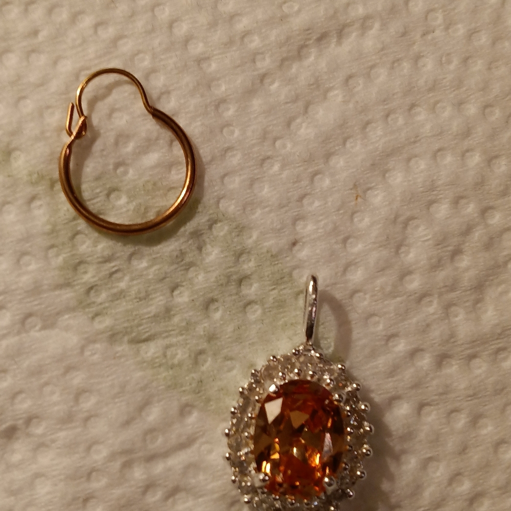 Two Yellow Gold Hoop Earrings and One Sterling Citrine and White Topaz Pendant